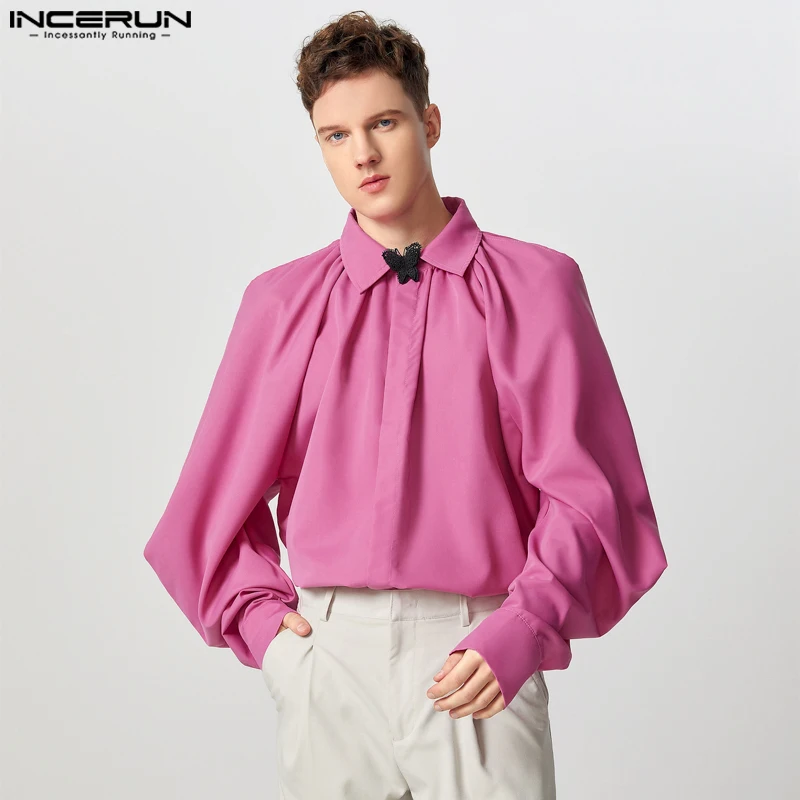 INCERUN Tops American Style Fashion Men's Wide Silhouette Off Shoulder Bow Tie Shirts Clubwear Solid Pleated Long Sleeved Blouse