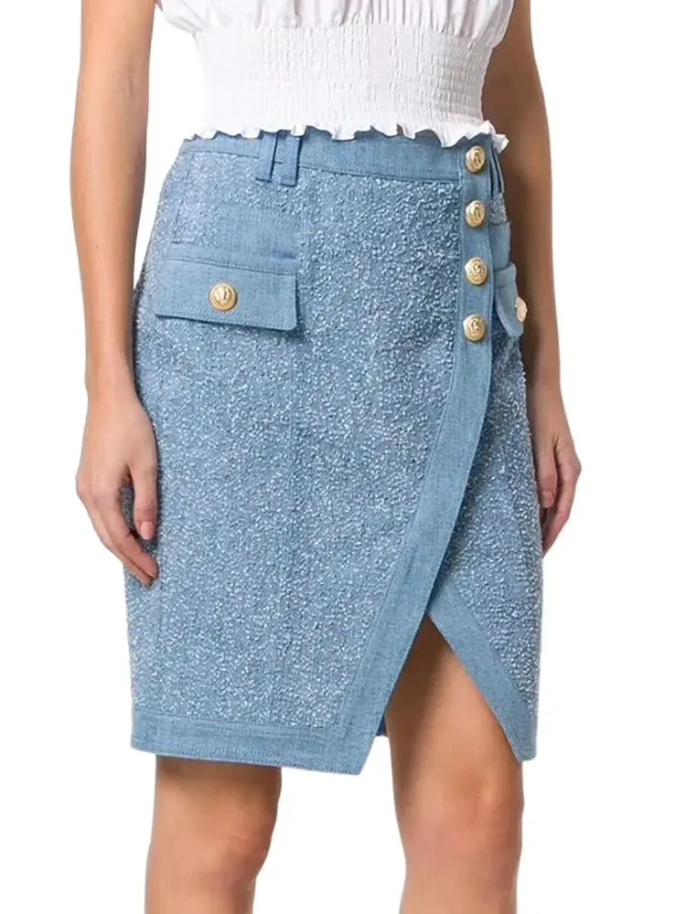 HIGH STREET Newest 2024 Designer Fashion Women's Lion Buttons Denim Skirt