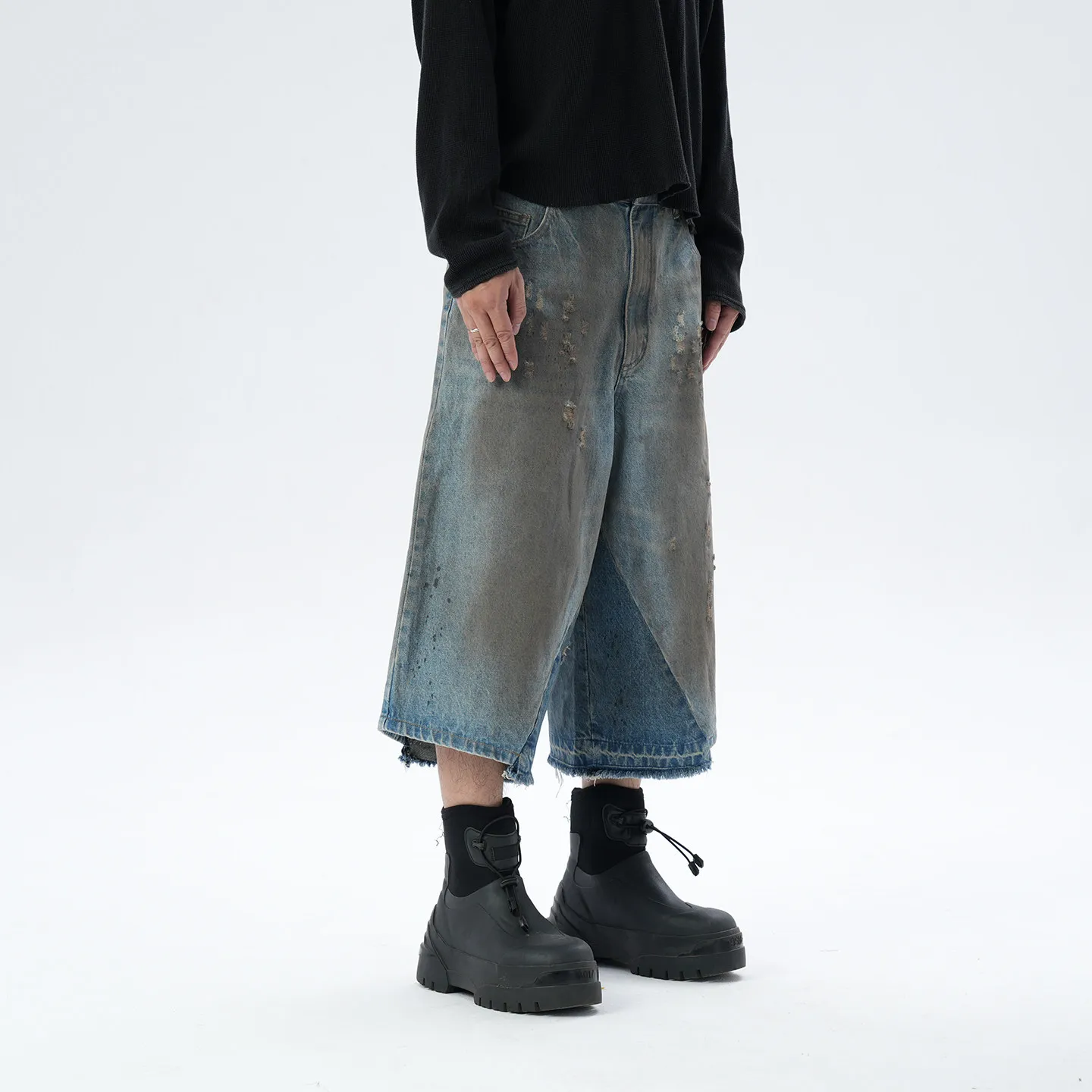 Fashion American Retro High Street Waste Soil Wiping Dirty Mud Dyeing Deconstruction Stitching Destroyed Denim Cropped Pants Men