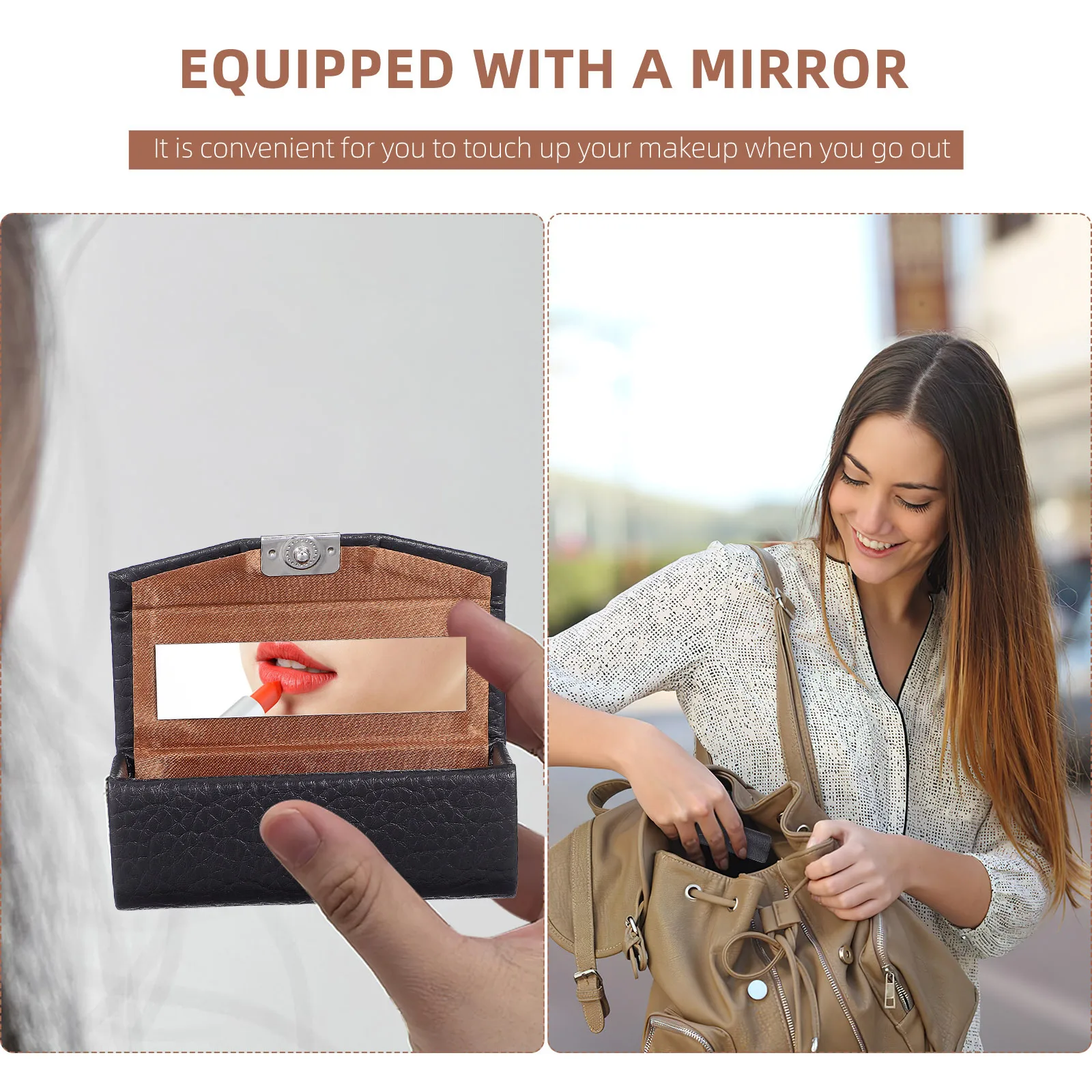 Pequeño con espejo, estuche portátil de lápiz labial de Pu para mujer, soporte para mujer, organizador de maquillaje para viajes al aire libre