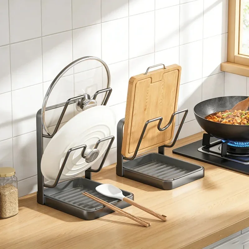 Multi-Layer Pot Lid Holder and Cutting Board Rack, Space Saving Countertop Organizer for Kitchen Spoon Sponge Drainer Storage