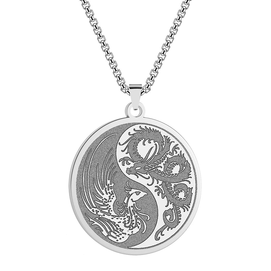 Stainless Steel Yin Yang Necklace Red Dragon And Phoenix Balance Colorful Unisex Pendant Ancient Chinese Accessory