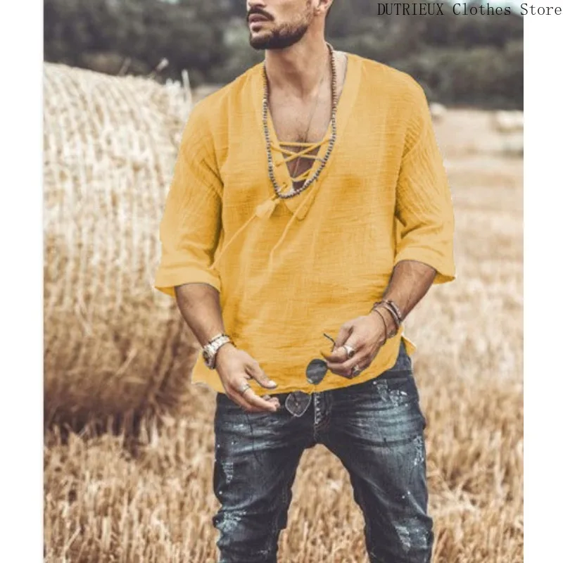 Men's V-neck Lace-up Mid-sleeve Shirt Large Size Cotton and Linen Breathable T-shirt Spring and Summer Casual Outdoor Clothing image 5