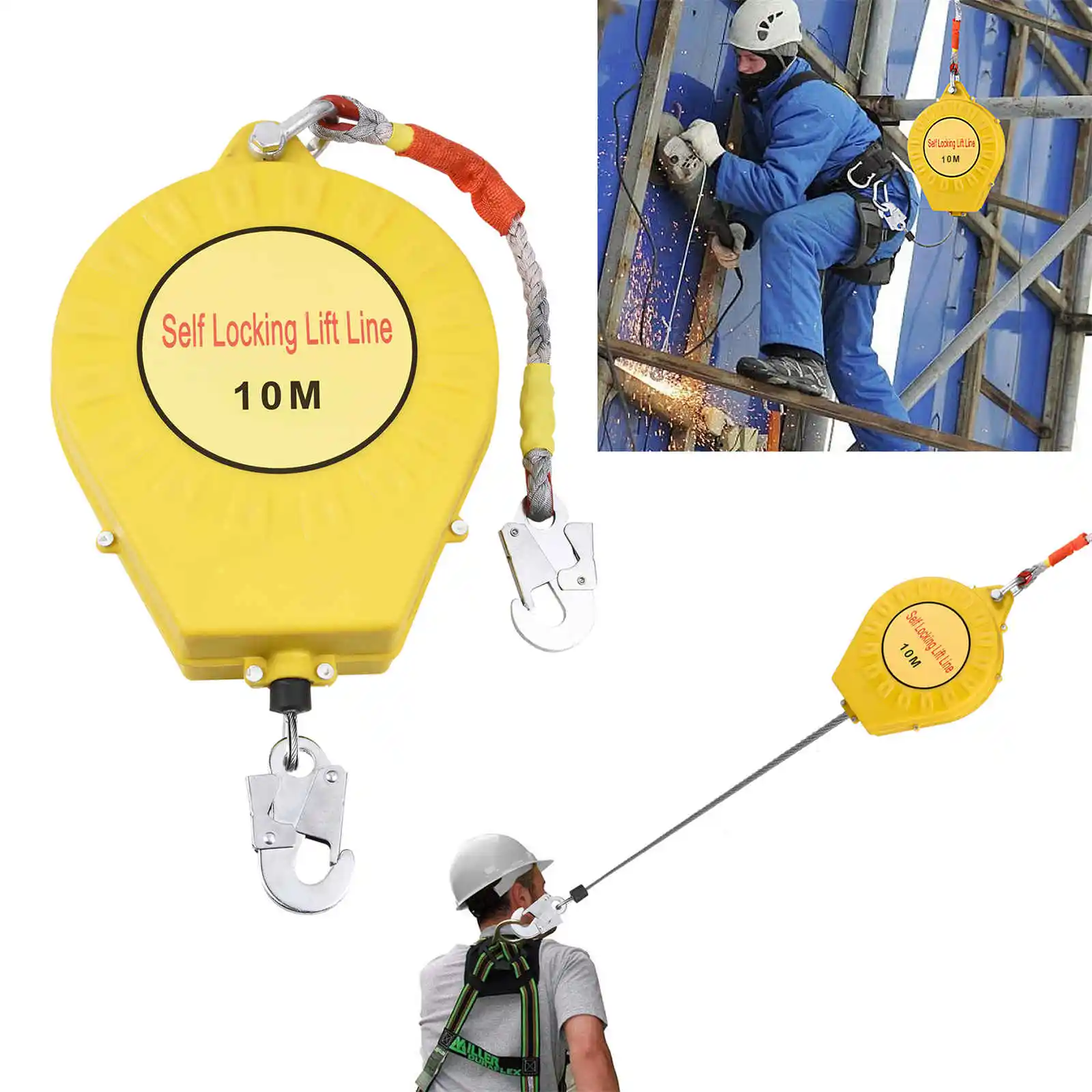 

Fall Arrest Device, 65ft Retractable Safety Lanyard, Safety Harness Construction Roofing Gear, 330lb Steel Wire Rope Climbing Equipment