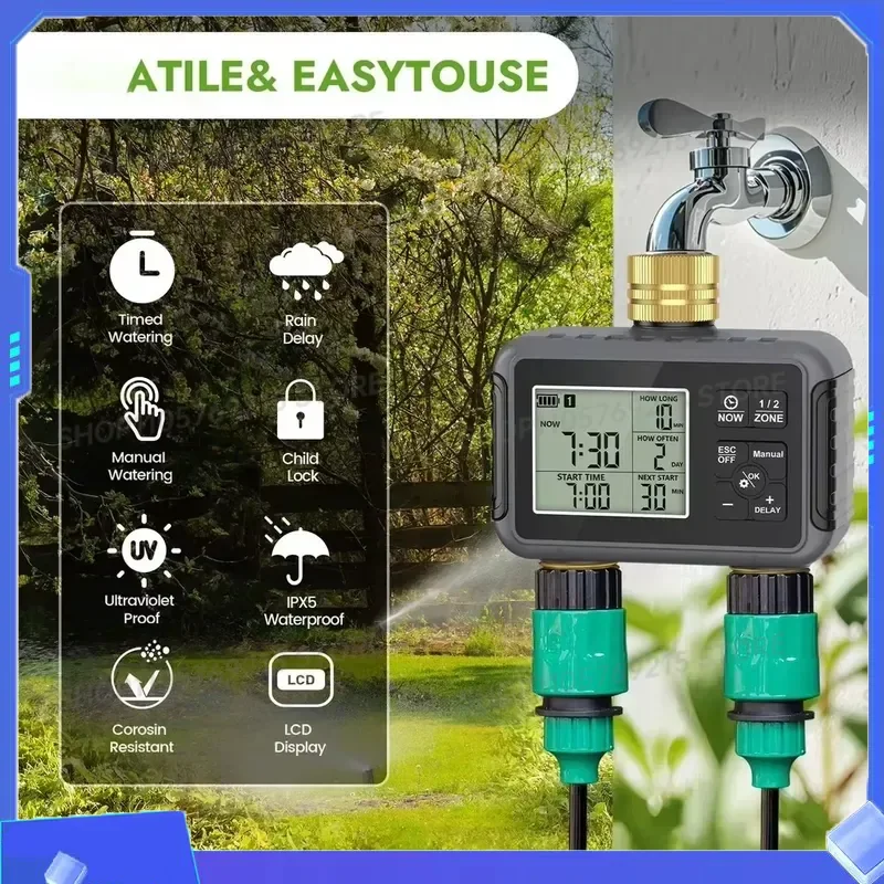 Smart Water Controller Irrigation Timer for Garden Waterproof Dual Outlet Adjustable Duration 1-360min Automatic Plant