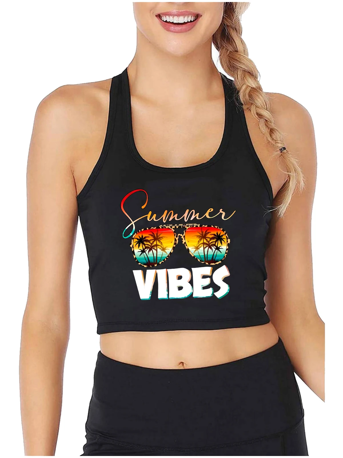 The Sandy Beach Was In Sight Design Sexy Fit Crop Top Summer Vibes Sunglasses Graphic Cotton Tank Tops Girl's Vacation Camisole