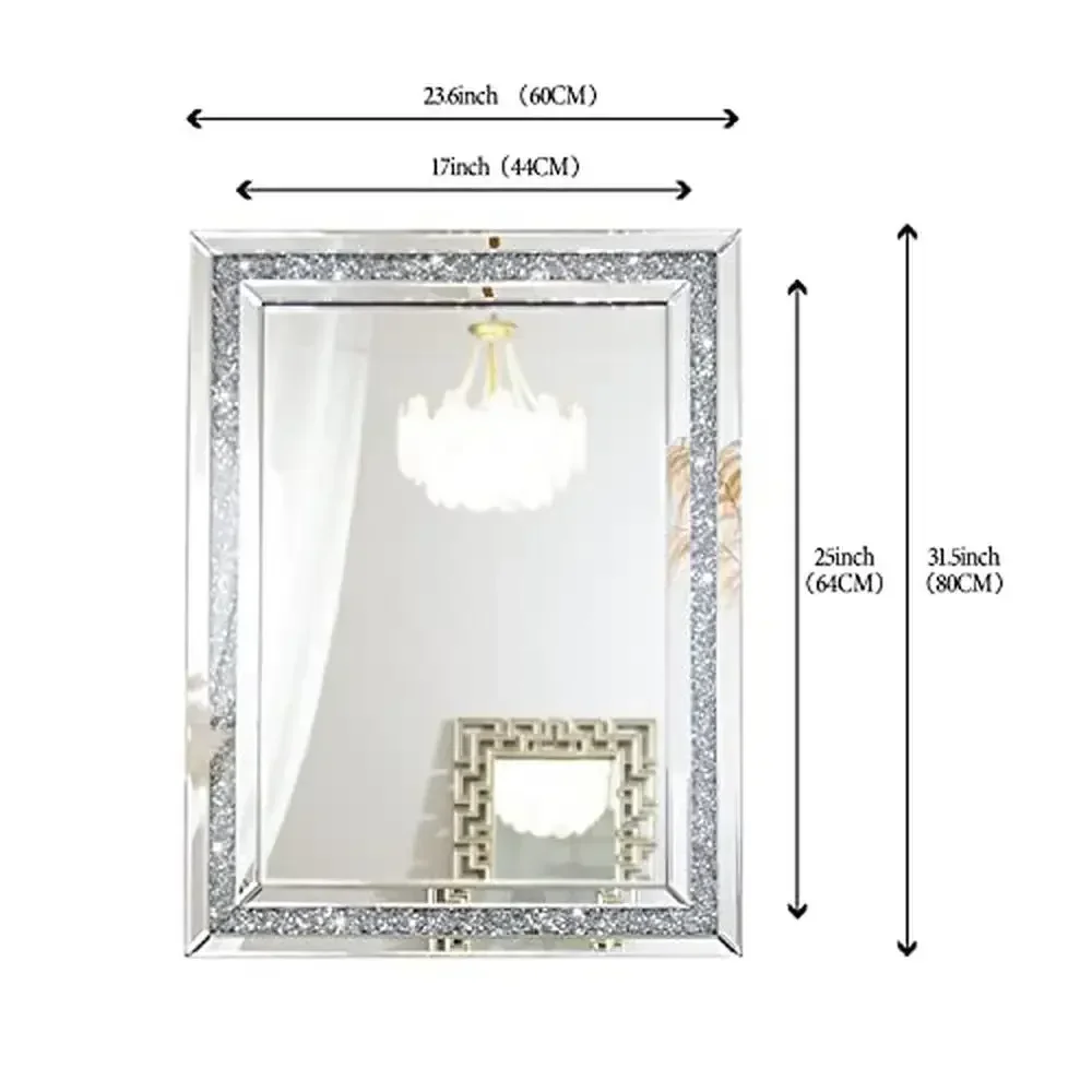 32x24 Crushed Diamond Beveled Wall Mirror Decor Silver Luxury Modern MDF Home Decoration Big Long  High-end Sturdy Hooks