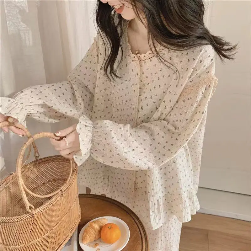 Floral Sleepwear Women Pajama Sets Autumn Korean Pants Sets 2 Pieces Ruffle Piiama Night Wears Long Sleeve Casual Lace Home Suit