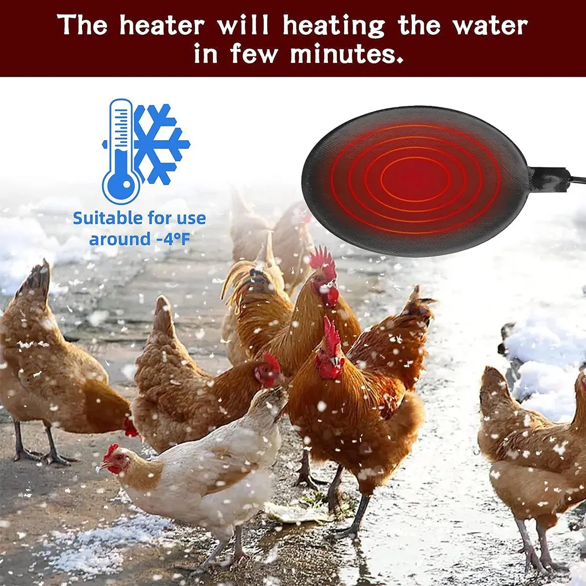 ABIY 24.5cm Poultry Water Heater Chicken Water Heater Base 60W Deicer Heated Base Chicken Drinker Heated Pad US Plug