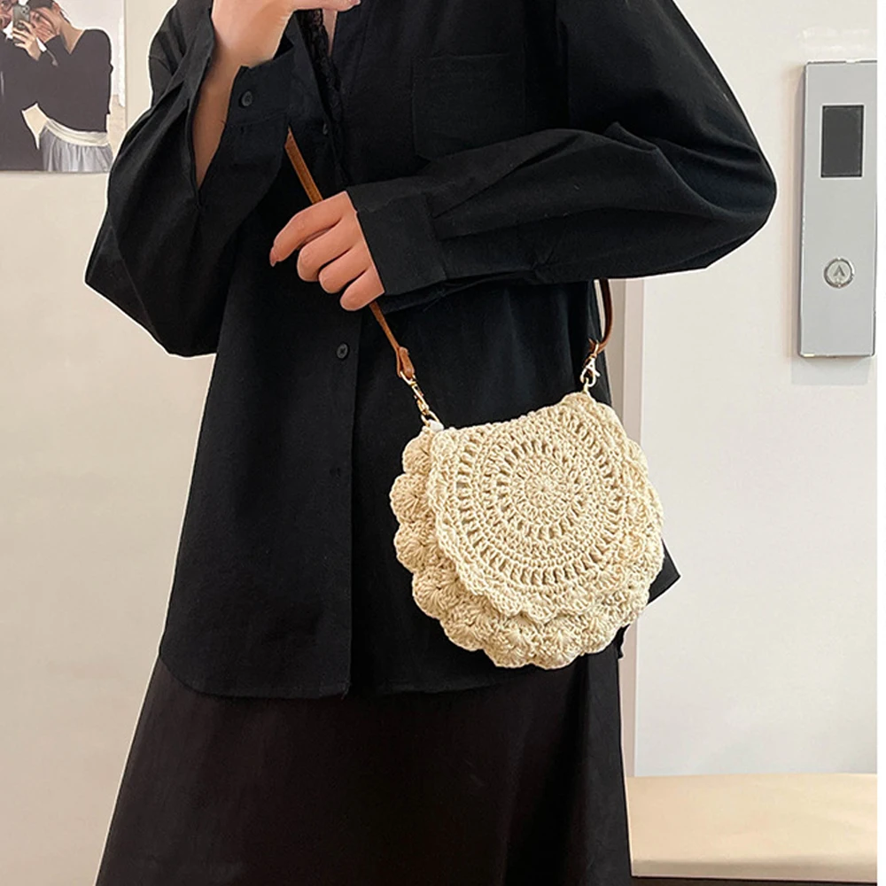 Women Hollow Crochet Shell Bag Lovely Knitted Crossbag Removable Strap Woven Shoulder Bags