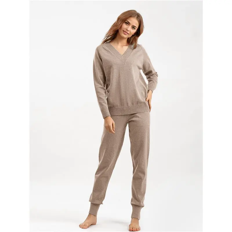 CYL-Women's V الرقبة 2 قطعة سترة مجموعة البلوز عارضة عالية الخصر متماسكة مجموعة Sweatsuits #2