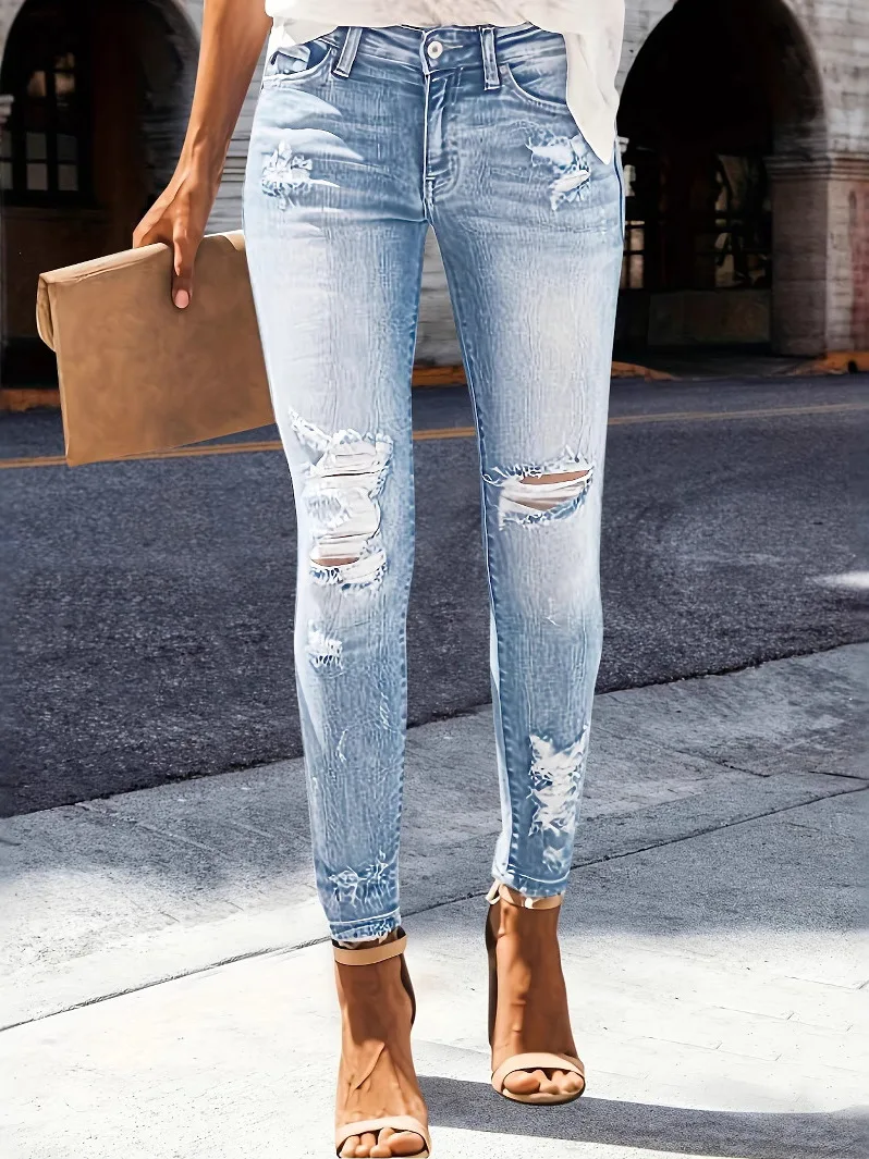 Hoge elastische afslankende casual jeans dames perforeren lange broek hoge taille stand fit medium stretch diepe kleur