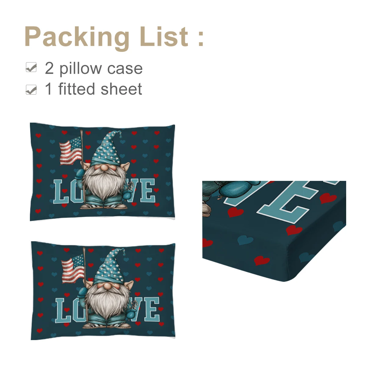 Set di lenzuola con motivo bandiera americana cappello blu stelle Set di lenzuola comode e traspiranti con stampa di barba bianca per uomo anziano 3 pezzi