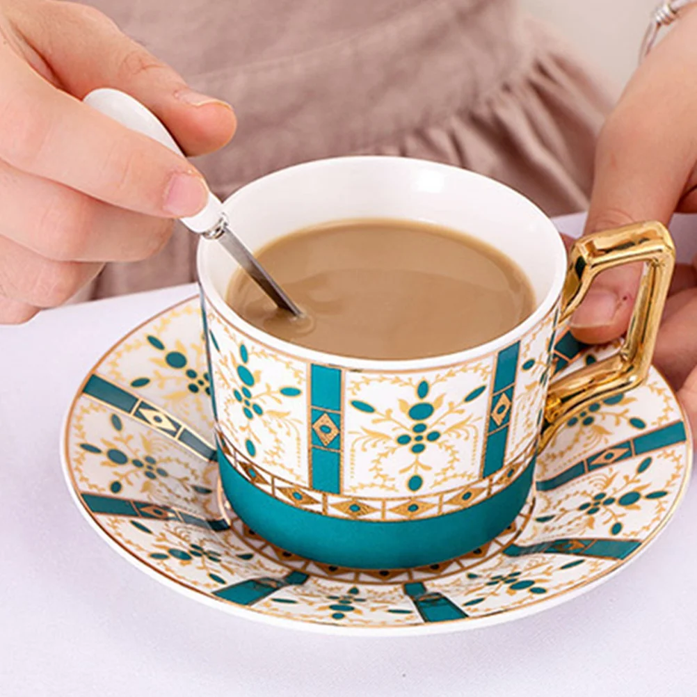 

1Set Coffee Cup Saucer Spoon Porcelain Set European Style Gold Trimmed Practical for Cappuccino Latte Tea Home Restaurant