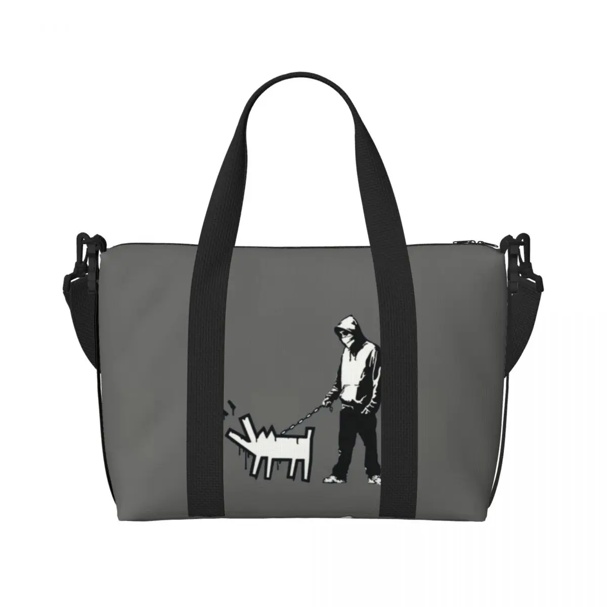 Custom Banksy Thug With A Barking Dog Groceries Shopping Tote Bags Women Big Capacity Street Art Graffiti Gym Beach Travel Bags