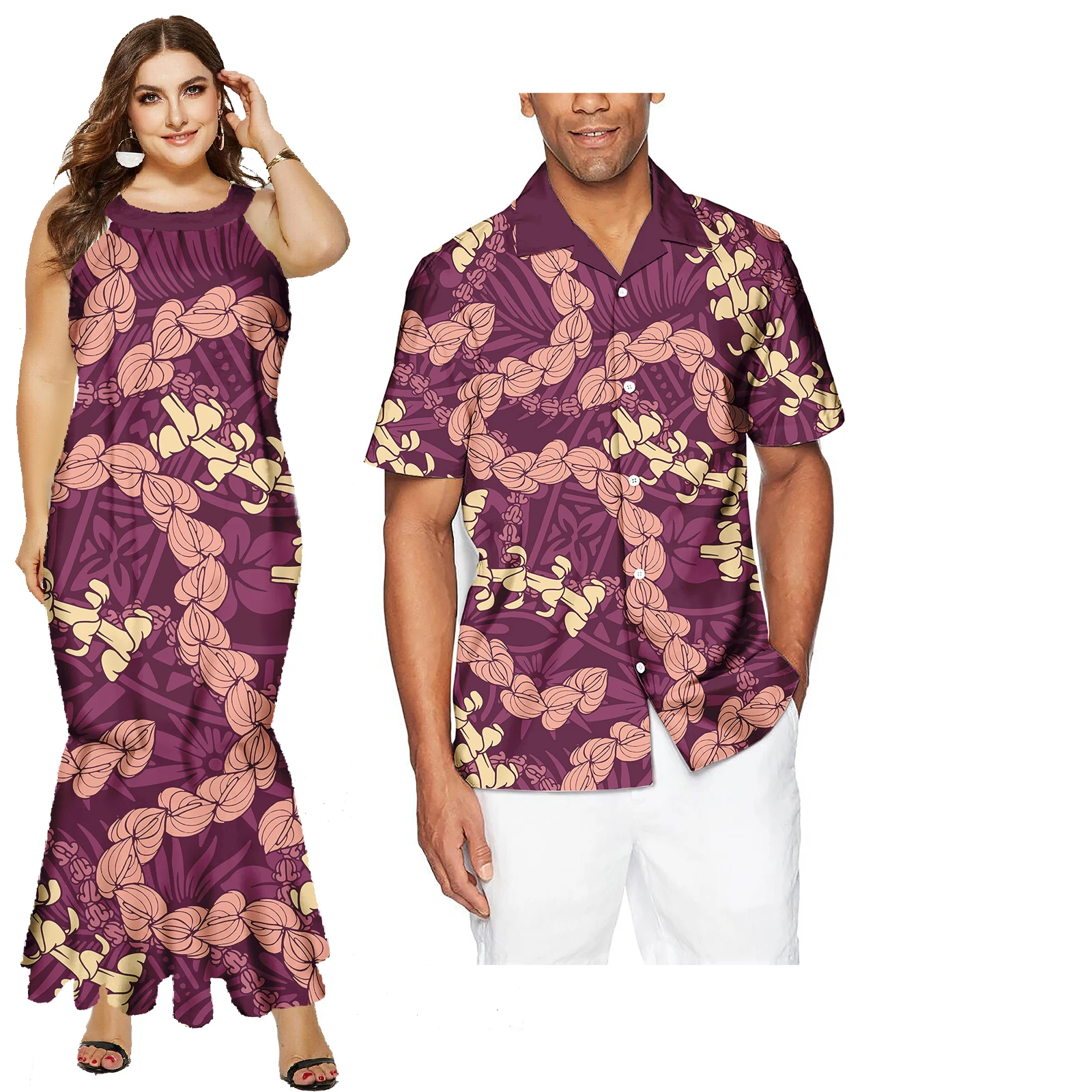 

Dresses And Mens Aloha Shirts Couple Two Piece Sets 2Pcs Matching Couple Outfits Polynesian Tribal Printed Couple Clothes