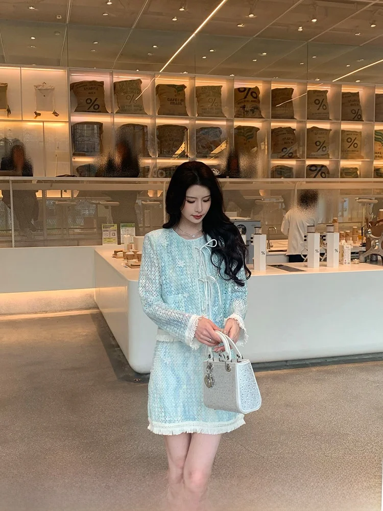 

Spring New Faion Set with Printed Hollow out Sequin Jaet Dr Women's Long Sve round Ne Casual Sle Two-Piece Suit