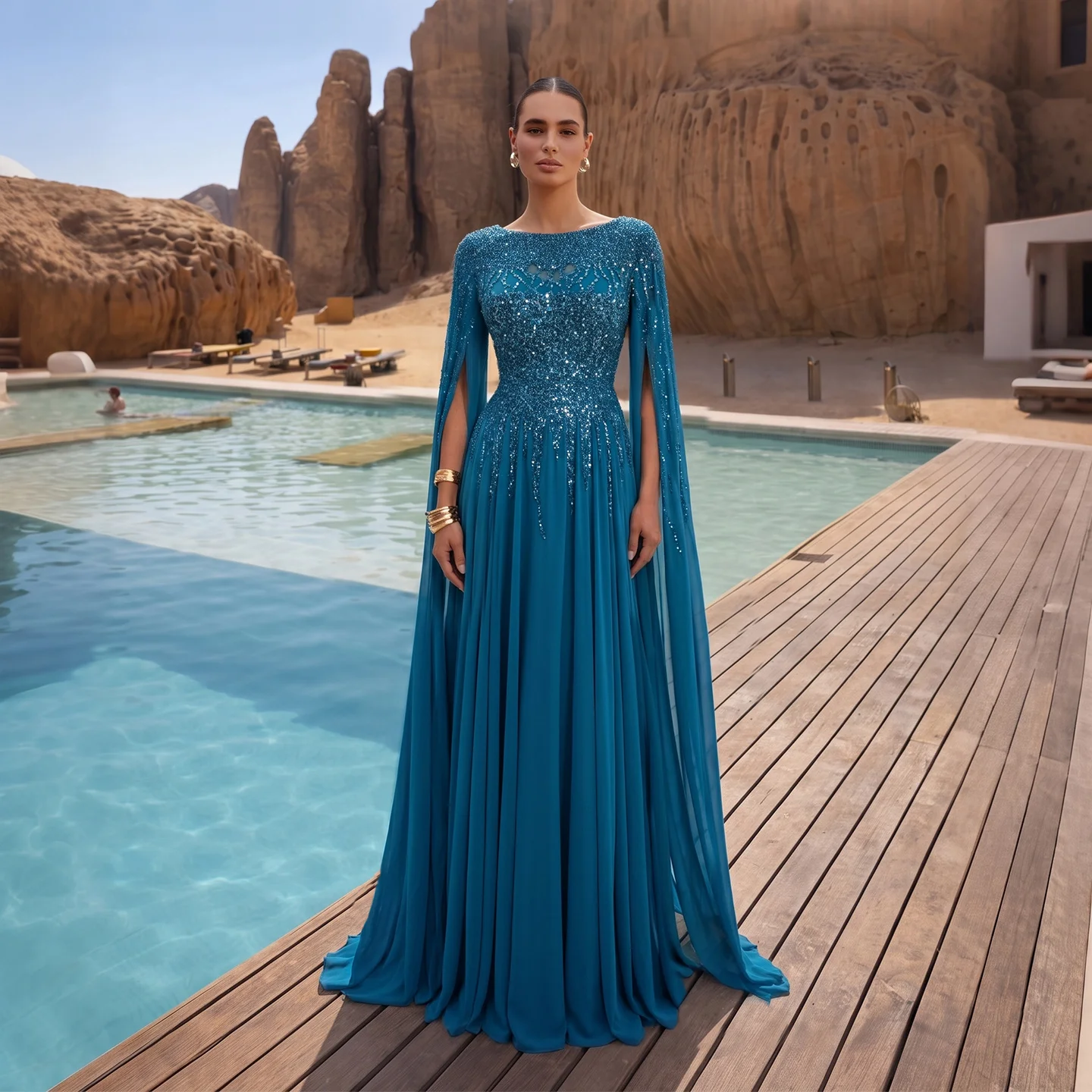 Sharon Said Abendkleid Luxuriöses A-Linien-Kleid mit Pailletten, Cape-Ärmeln und Perlen für Hochzeit, Abschlussball, Dubai, formelle Party, Ballkleid SS105, maßgeschneidert – Detail 6