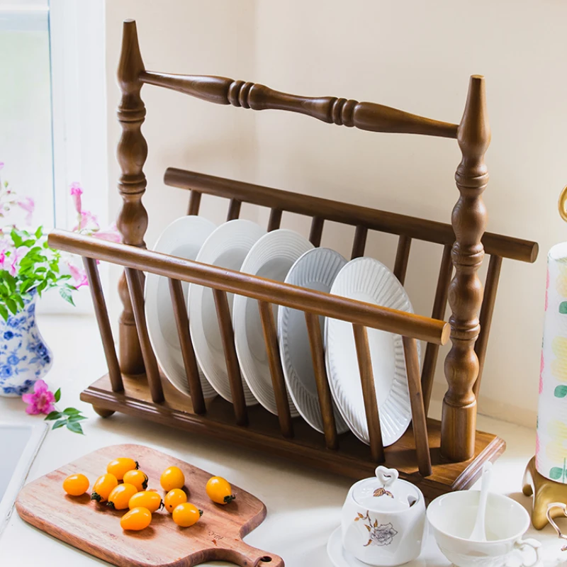 

Medieval solid wood storage plate rack kitchen cup dish storage rack household retro display rack