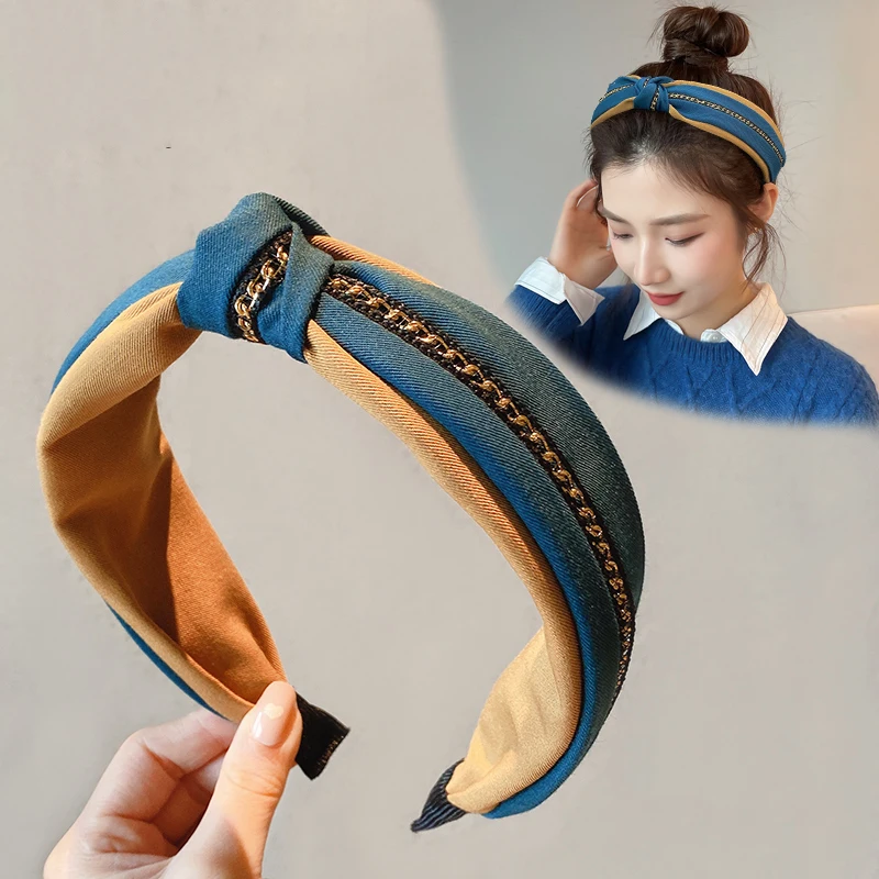 Wide Top Knot Hair Bands For Women Solid Color Chain Bow Elastic Hairband Bezel Girls Headband Hair Hoop Female Hair Accessories