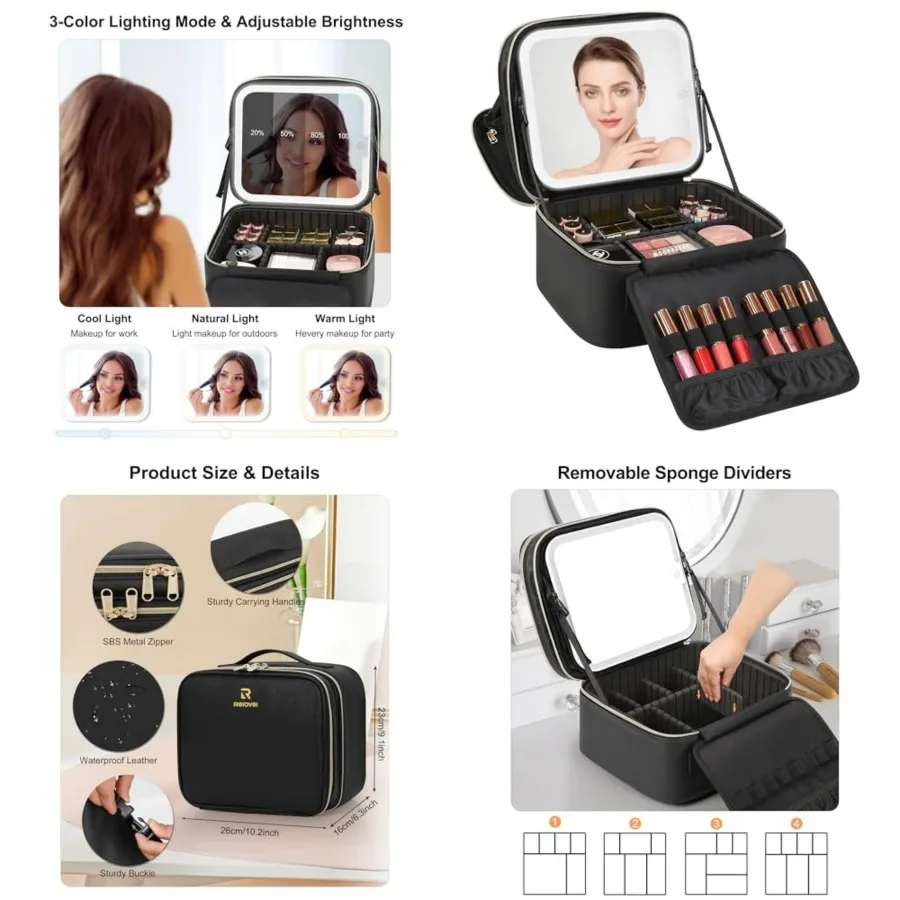 

Makeup Bag with LED Mirror, Small Travel Makeup Case with Rechargeable Lighted Mirror 3 Color Lights, Double Layer Cosmetic Box