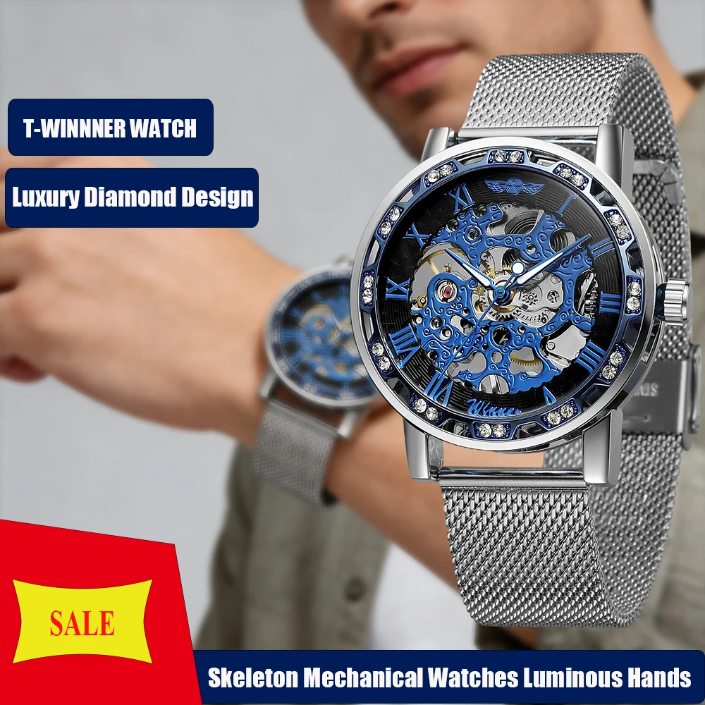 

Мужские классические механические часы T-WINNER с гравировкой, скелетонизированным циферблатом, светящимися стрелками, стразами, римскими цифрами и сетчатым ремешком