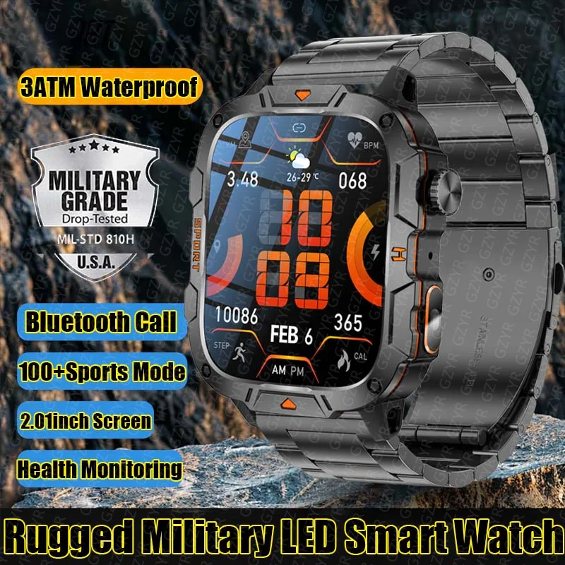 

New Rugged Military Fitness LED Lighting Men Smartwatch Bluetooth Call IP68 3ATM Waterproof Sport Ai Voice Women Smart Watches