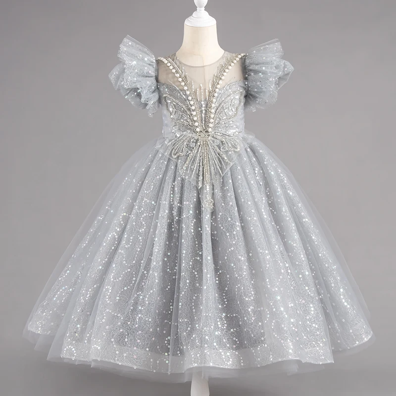 

Kids Dress For Girls Gray White Sequin Short Sleeve Evening Dresses For Piano Performance Wedding Party