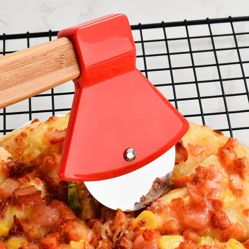 Stainless Steel Roller Pizza Cutting Creative Wooden Handle Axe Pizza Knife, Round Handle Pizza Cutter