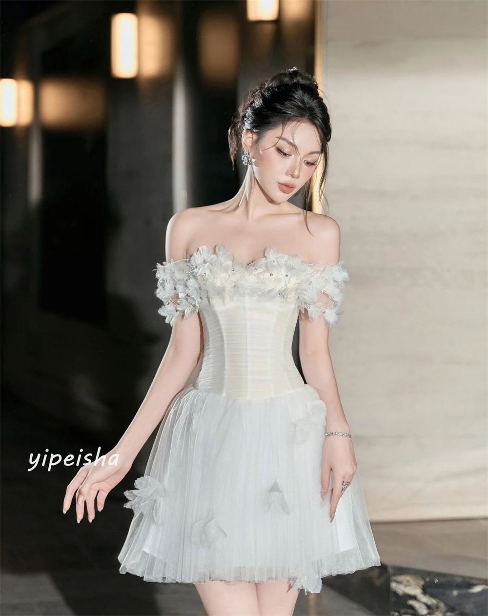 Tulle Flower Pearl  Beading Ruched Homecoming A-line Off-the-shoulder Bespoke Occasion Gown Mini Dresses