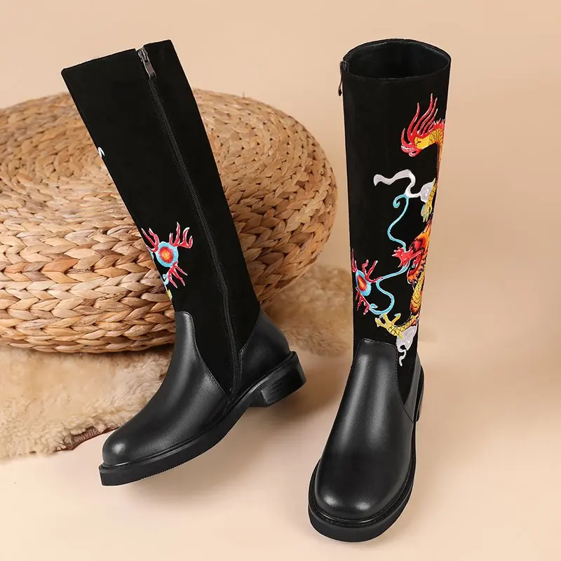 ASUMER Plus Size 33-43 New Knee High Boots Women Genuine Leather Zipper Ladies Shoes Embroidery Handmade Retro Long Boots