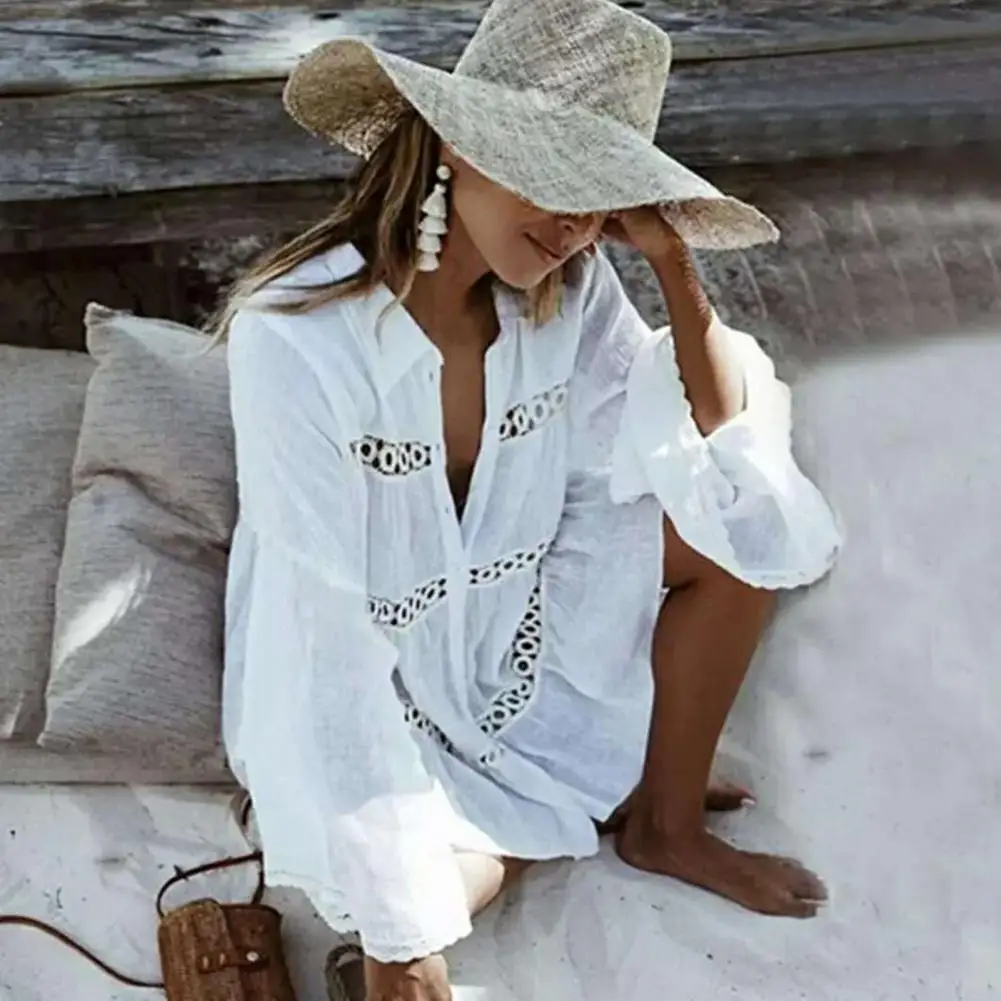 Bikini Cover Up Shirt Damen Mittellanges Hemd Revers Ausgestelltes Langarm Einreiher Badeanzug Mantel Ausgehöhlt