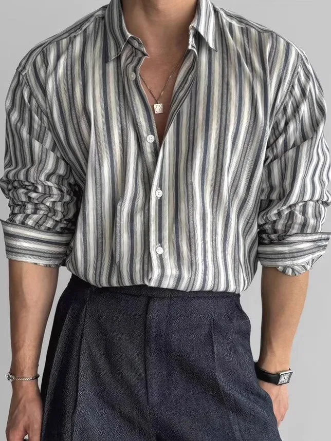 

Повседневная свободная мужская полосатая одежда Long Sve в американском стиле ретро с защитой от солнца, легкая верхняя одежда, открытый кардиган, рабочая одежда