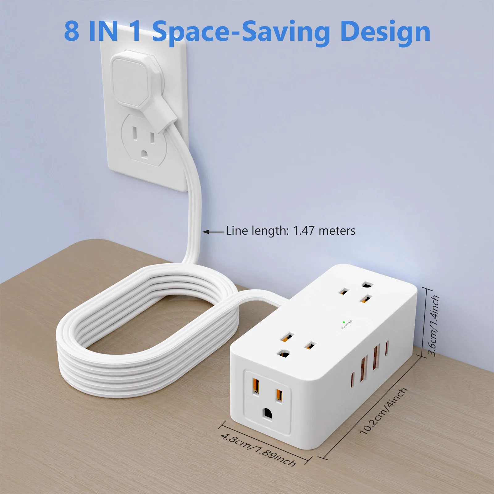 Ultra-thin 1.5m flat extension cord power socket with 4 x AC power jacks 2 x USB 2 x Type-C ports , surge protector power strip