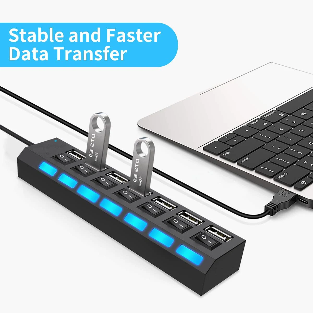 Hub USB com interruptor para computador PC, multi divisor, adaptador de energia, 7 portas expansor múltiplo, USB 3.0 Hub