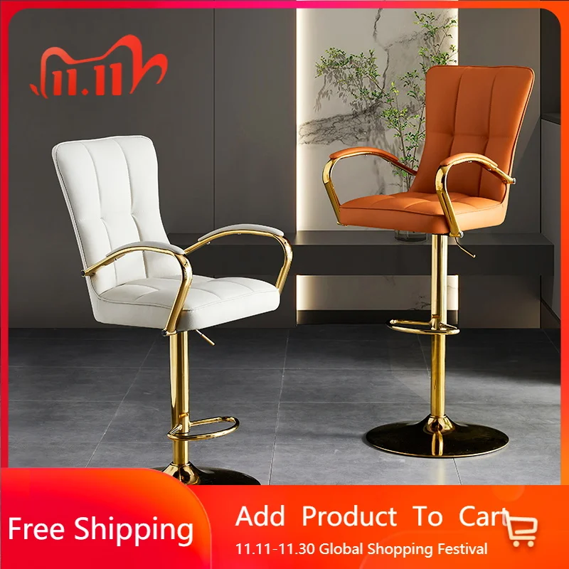 

Office Nordic Bar Stools Swivel Cream Adjustable Leather Metal With Back Bar Stools Leather Arm Taburete Alto Bar Furniture