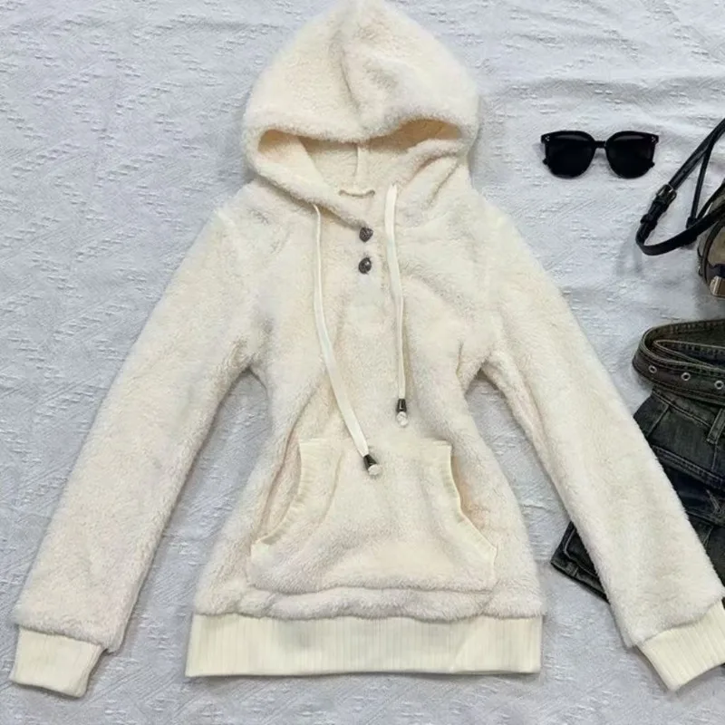 Moletom com Capuz de Fleece para Mulheres, Solto, Sólido, Manga Longa, Casaco Fuzzy, Estilo Preppy, Top Grosso e Doce Harajuku Y2K, Hoodie Coreano Kawaii