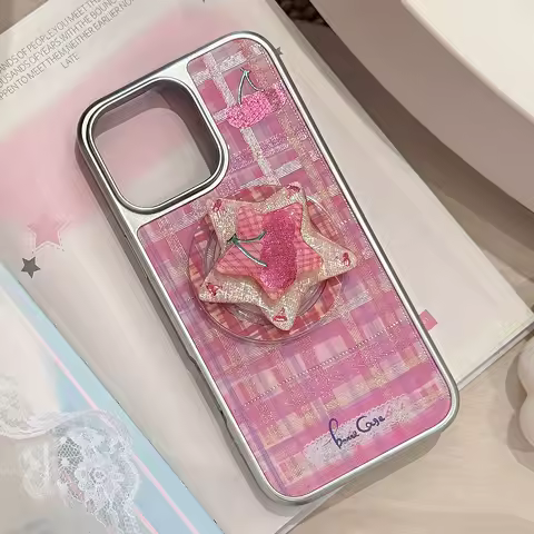 Korean Plating Grid Pattern Rotate Stars Cherry Holder Magnetic Phone Case for iPhone 17 16 15 14 13 12 Pro Max Shockproof Cover