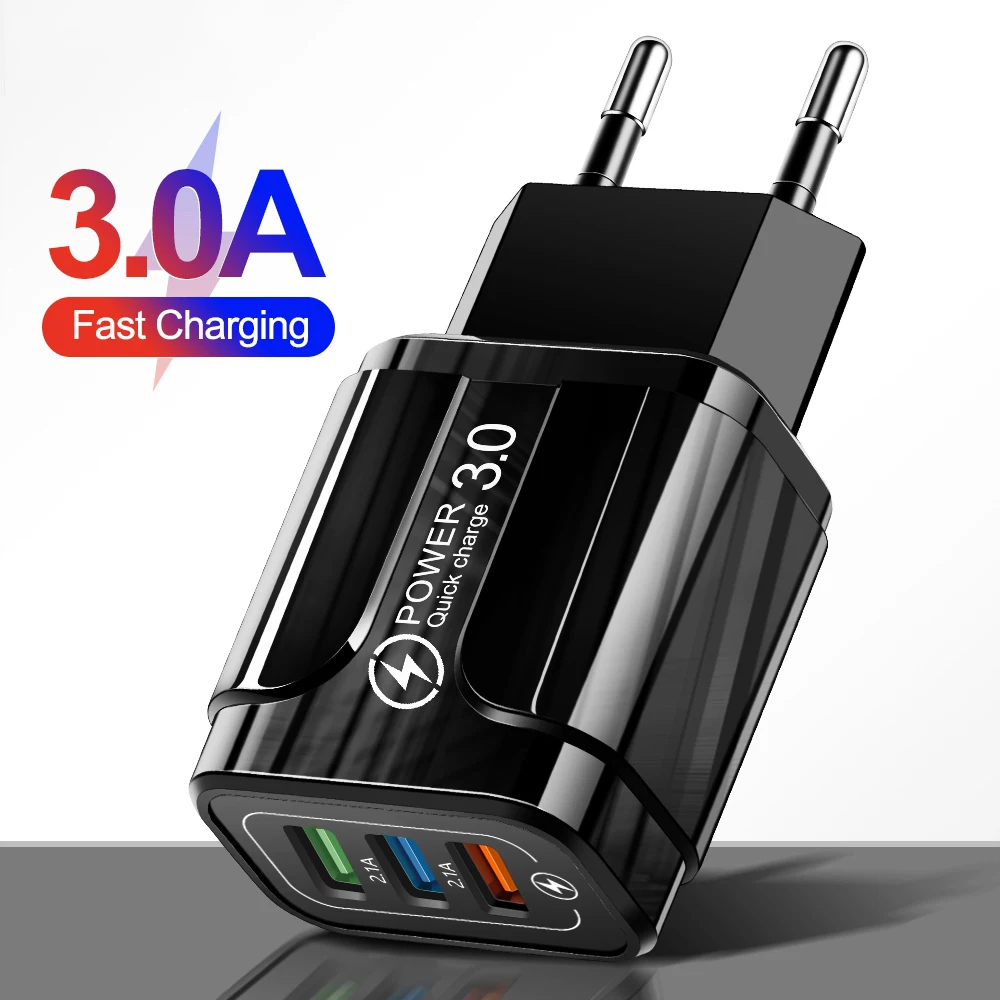 18W QC3.0 Fast Charging Wall Adapter 3-Port USB Universal Smart Charger Compact Stable Power for iPhone Huawei Xiaomi Samsung