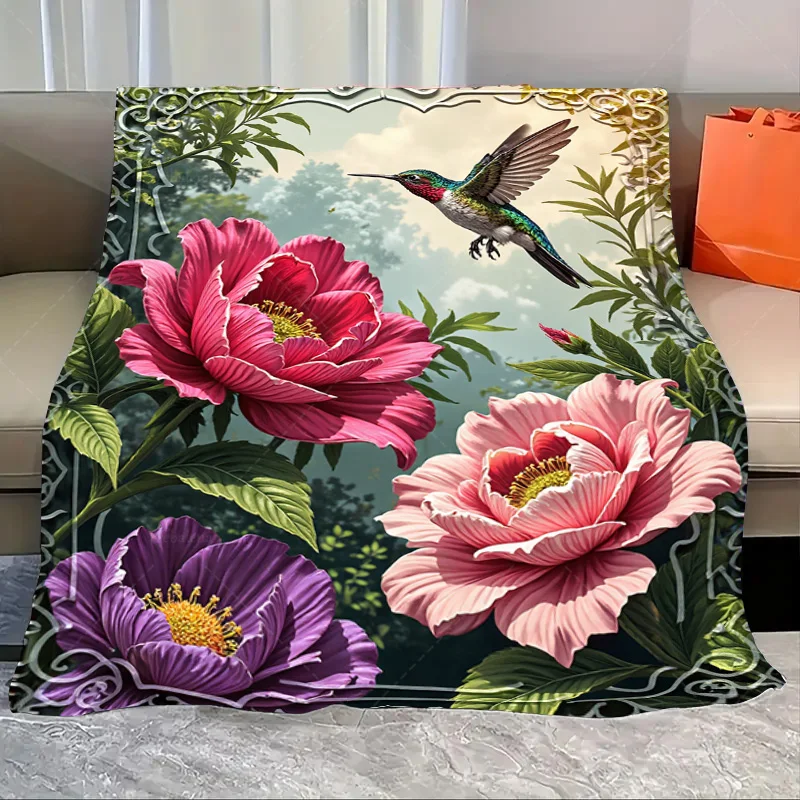 

1 шт. фланелевое одеяло с ярким цветочным принтом и колибри для уютного декора гостиной