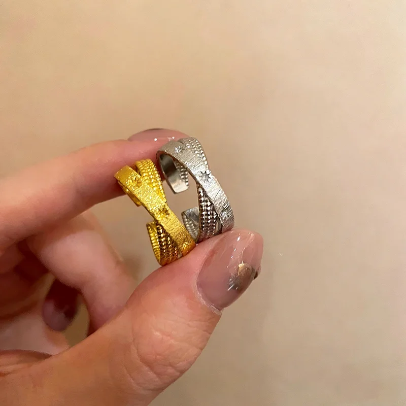 

Trendy Simple Double Layers Brushed Ring Exquisite Hollow Out Star Open Mouth Rings for Women Creativity Design Rings Jewelry