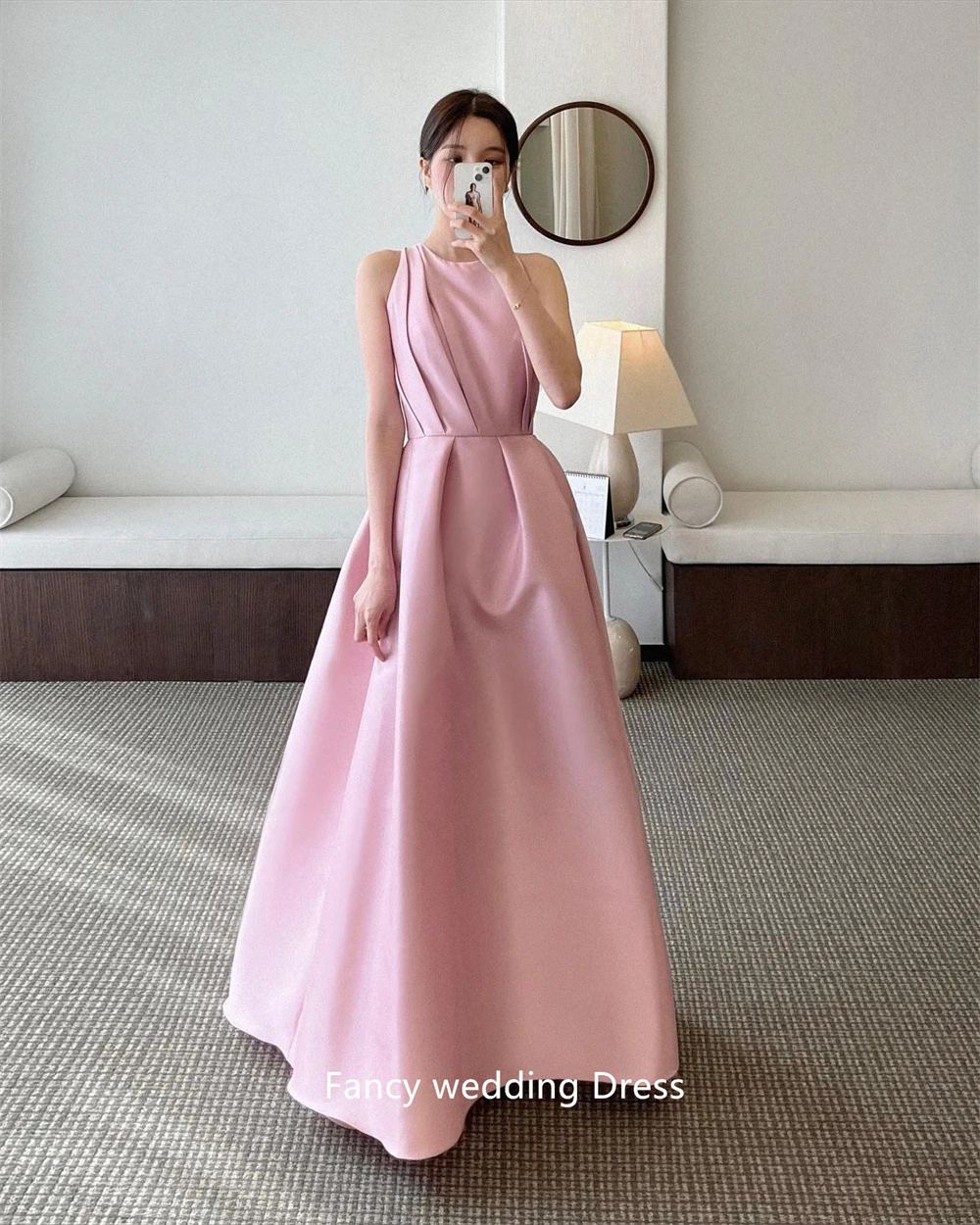 Fancy Korea Blush Roze Korea Avondjurken Vintage Satijnen Vloer Lengte Eenvoudige Formele Feest Prom Jurken Bruiloft Fotoshoot