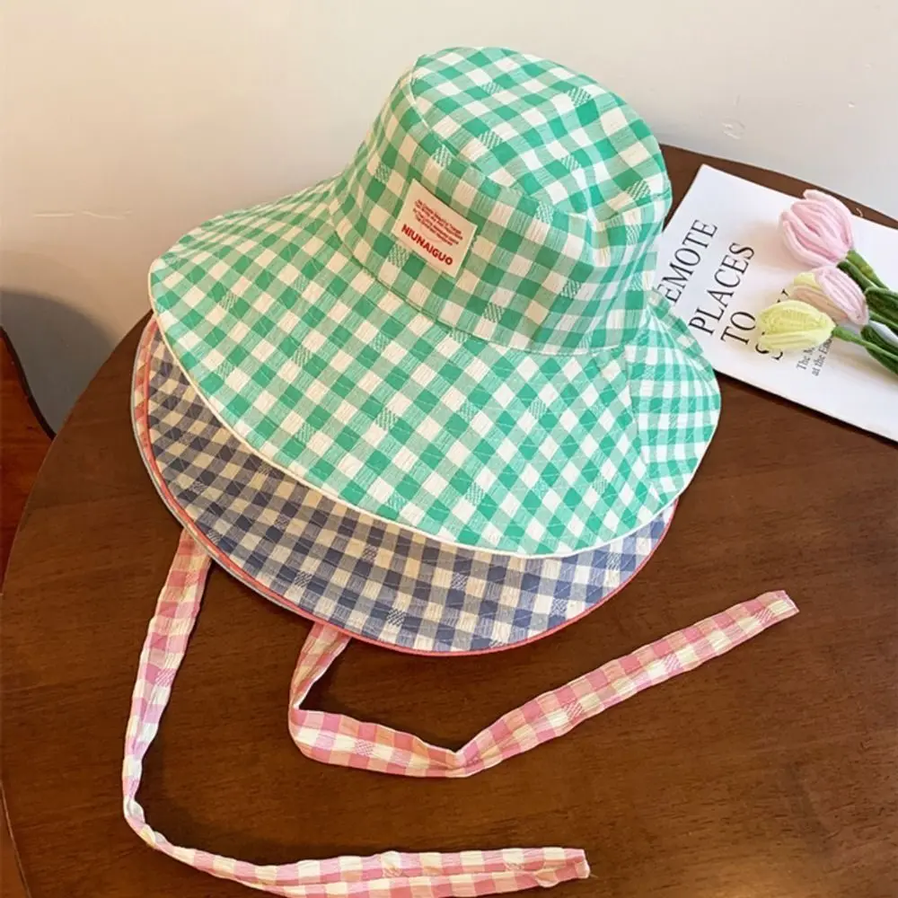 Fashion Summer Plaid Bucket Cap Tie Strap Wide Brim Sunscreen Hat Two-sided Sweet Fisherman Caps Travel