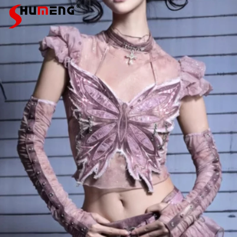 

Autumn 2025 Fashion Design Butterfly Tube Top Tanks Two-Piece Set Camisoles Bottoming Shirt Women's Kawaii O-neck Slings Clothes