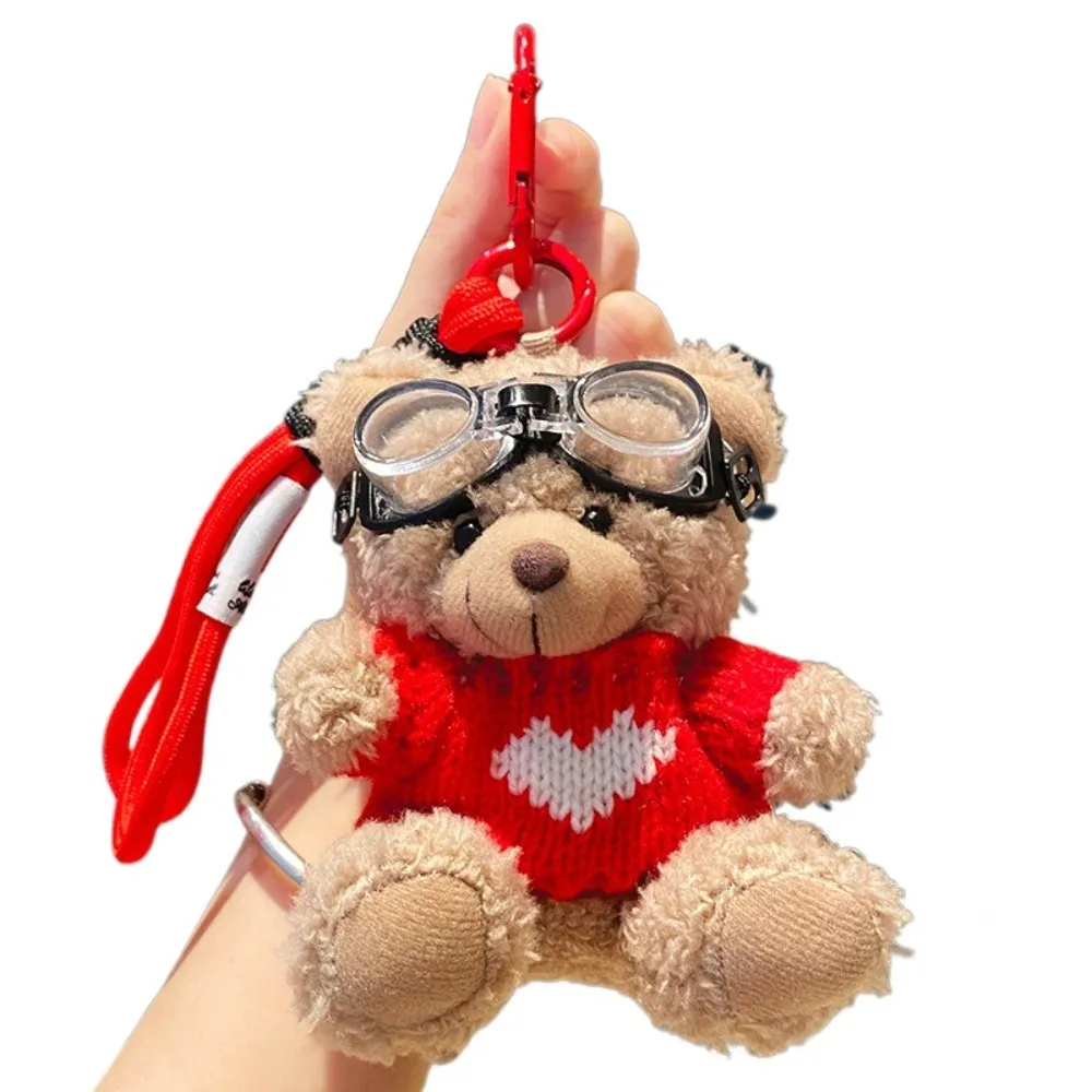 Kawaii Goggles Pilot Bear Keychain Bell Pearl Bear Key Ring Heart Cartoon Stuffed Animal Pendant Couple