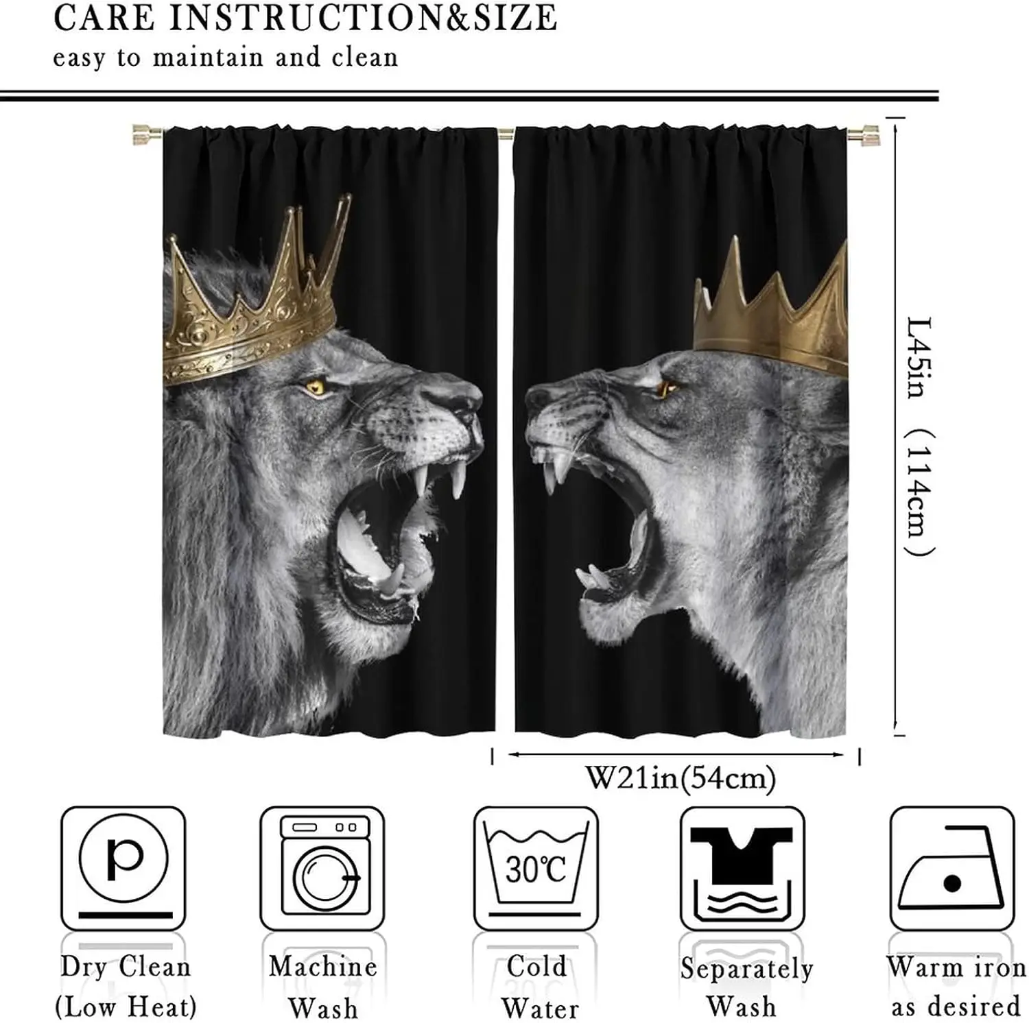 Black Lion Animal King Queen Rod Pocket Blackout Curtains for Bedroom Gold Crown Cool Wildlife African Wild Animal Window Drapes