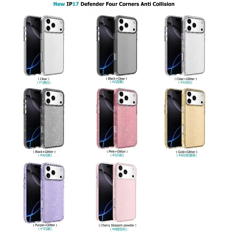 Funda militar Terminator 4 en 1 con purpurina para iPhone 17Air 16E 15 14Plus 13 12 11 Pro Max TPU + PC Funda transparente anticaída