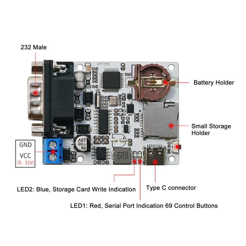 ABZW Small Memory Card Module Serial Data Logger Recorder With 2 LED Indicators Archive Type C TXT File Timestamp 232 Interface