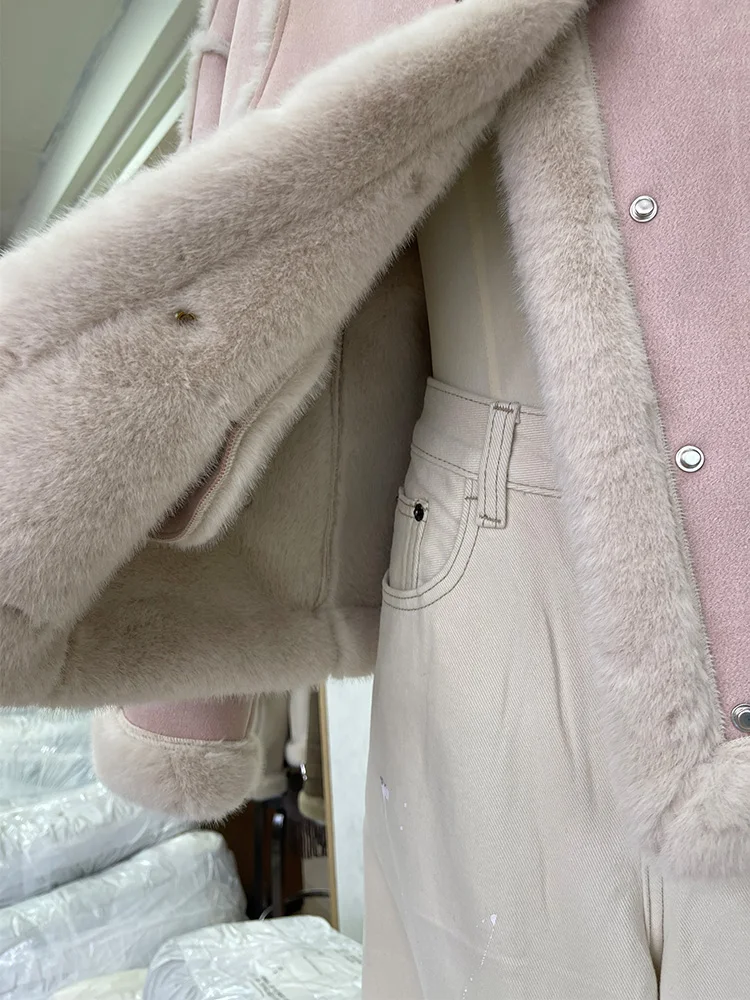 เสื้อแจ็คเก็ตมอเตอร์ไซค์ผู้หญิง ขนแกะสีชมพู รุ่นเล็ก สไตล์ฝรั่งเศส ผ้าฝ้ายผสมหนัง