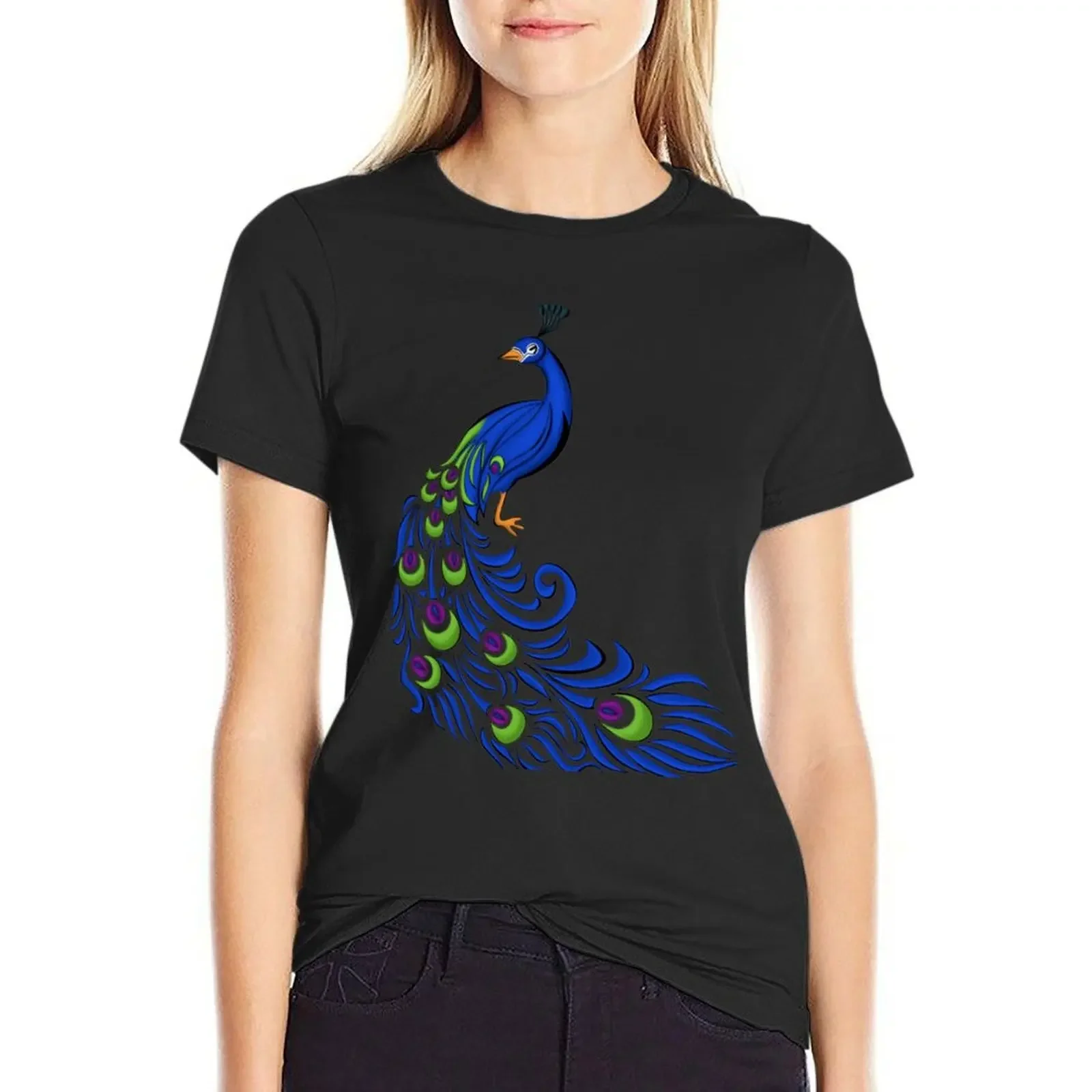 Elegant Rainbow Peacock T-Shirt summer tops Female clothing black t-shirts for Women